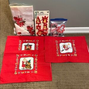 Vintage 1990s Festive Red Christmas Napkins Table Cover Xmas Cookie Cutters